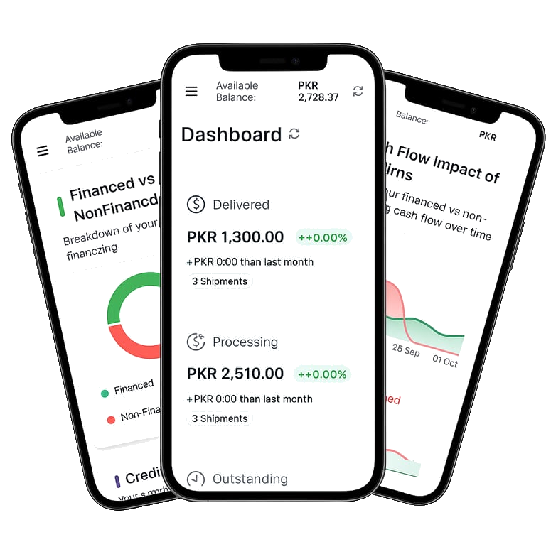 The Finova merchant app — dashboard, financed vs non-financed shipments, and cash-flow impact